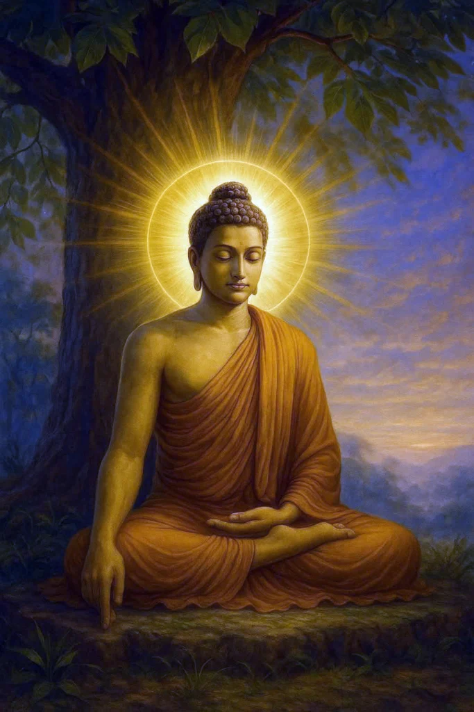 Illustration of the Buddha seated in meditation beneath a tree, with a golden halo behind his head and a calm, contemplative expression.