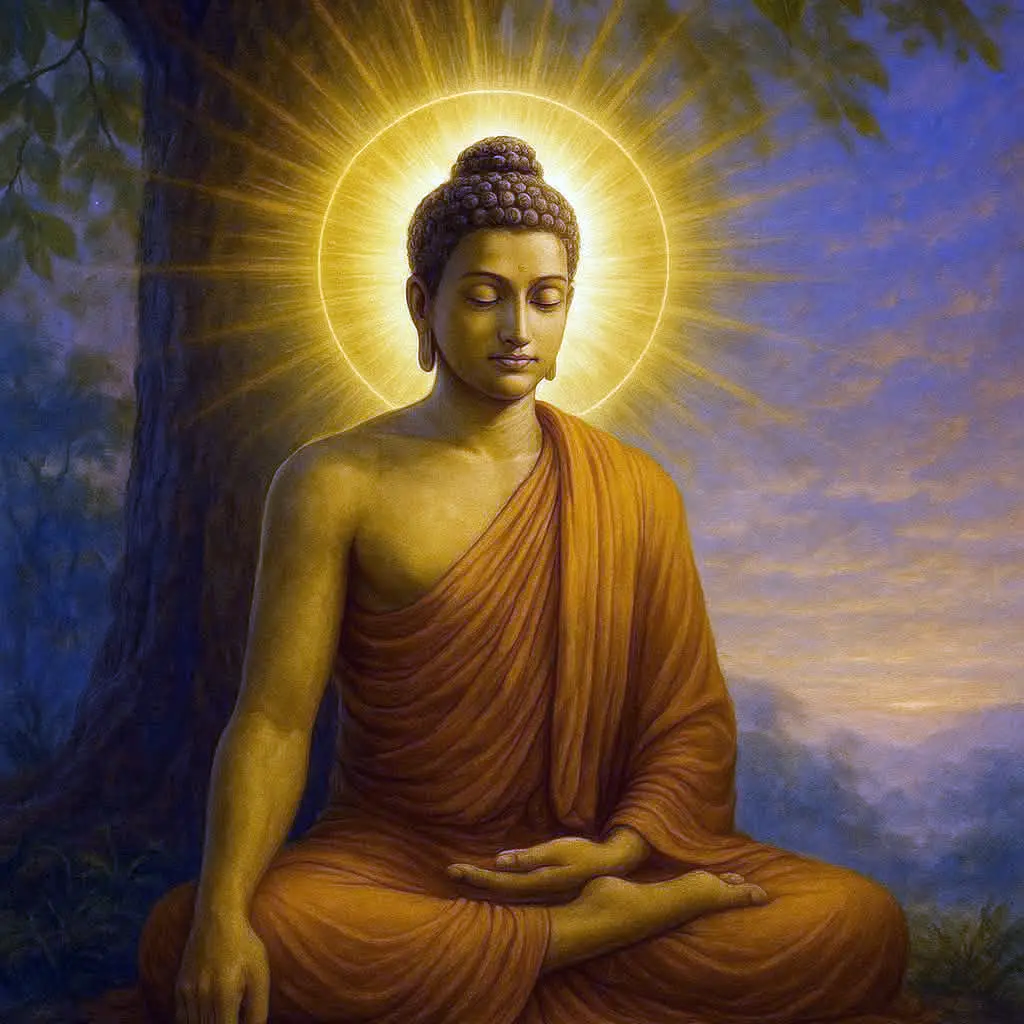 Illustration of the Buddha seated in meditation beneath a tree, with a golden halo behind his head and a calm, contemplative expression.